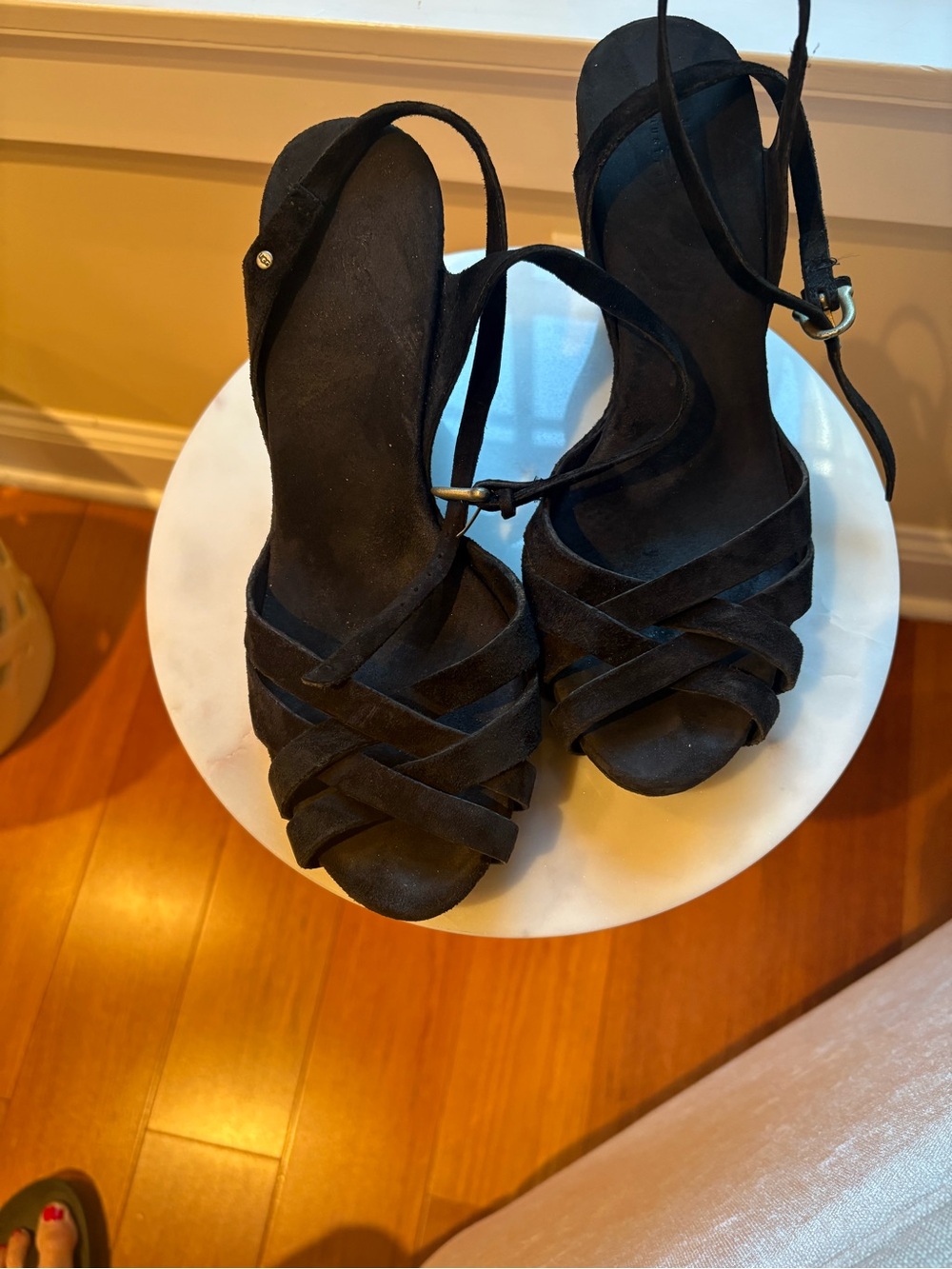 UGG Black Suede Strappy Wedge Sandals with Ankle Strap